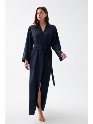 Modaserdem  Kadın Uzun Lacivert Saten Sabahlık