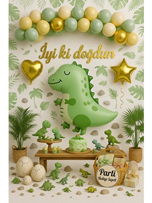 Parti Hediye Sepeti Dinozor Temalı Doğum Günü Balon Süsleme Seti Yeşil Gold | Retro Dinozor Folyo Kalp ve Yıldız Dahil