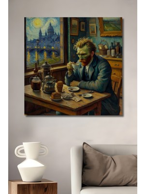 Teona Ahşap Van Gogh Kahve Keyfi Yağlı Boya Görünümlü Ahşap Dekoratif Tablo Dikdörtgen Tablo