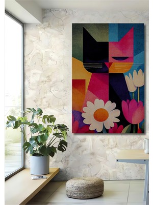 Teona Ahşap Renkli Kedi ve Çiçekler Modern Sanat Yağlı Boya Görünümlü Ahşap Dekoratif Tablo Dikdörtgen Tablo