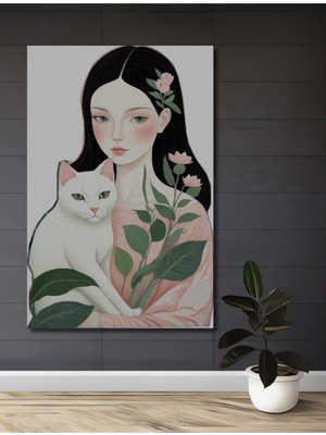 Teona Ahşap Sevimli Kediyle Bahar Esintisi Pastel Boya Görünümlü Dekoratif Ahşap Tablo Dikdörtgen Tablo