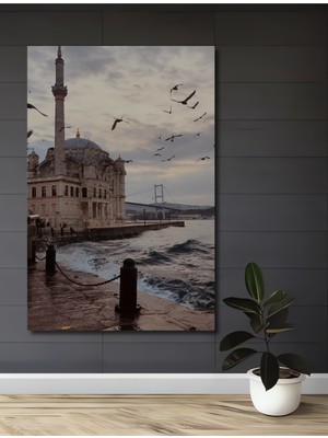 Teona Ahşap Boğaz Köprüsü ve Kuşlar Yağlı Boya Görünümlü Dekoratif Ahşap Tablo Dikdörtgen Tablo