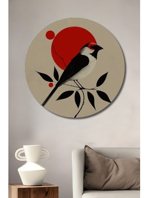 Teona Ahşap Kırmızı Güneşli Dallarda Oturan Kuş Yağlı Boya Görünümlü Ahşap Dekoratif Tablo Yuvarlak Tablo