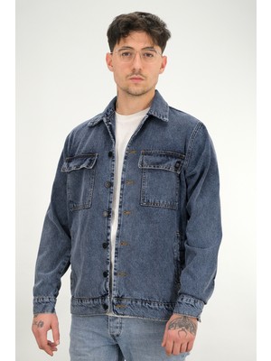 Souris Erkek Lacivert Yıkamalı Kot Ceket Rahat Kalıp Gömlek Yaka Kapaklı Çift Cep