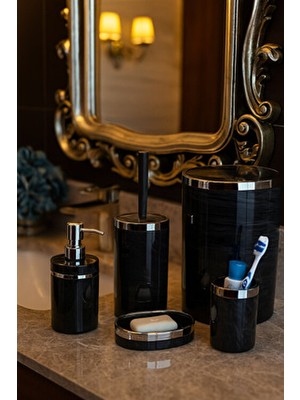 Makri Home 5 Parça Akrilik Banyo Seti, Şık ve Kaliteli Akrilik, Gümüş Renk Detaylı, Siyah