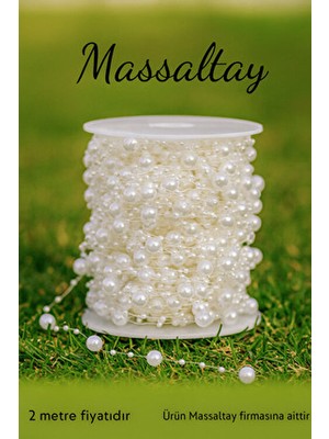 Massaltay Krem Saçaklı Misinalı Inci Süsleme Ipi 2 Metre – Krem Boncuklu Dekor Şerit Aksesuarı