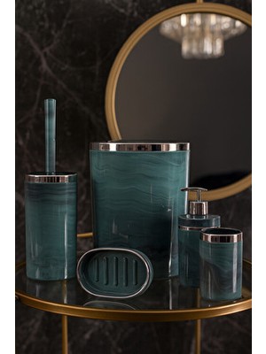 Makri Home 5 Parça Akrilik Banyo Seti, Şık ve Kaliteli Akrilik, Gümüş Renk Detaylı, Yeşil Mermer Desen