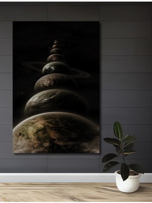 Teona Ahşap Galaksi Gezegenleri Yağlı Boya Görünümlü Dekoratif Ahşap Tablo Dikdörtgen Tablo