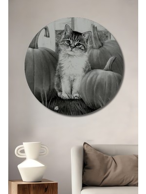 Teona Ahşap Sevimli Kedi ve Kabak Kara Kalem Görünümlü Dekoratif Ahşap Tablo Yuvarlak Tablo