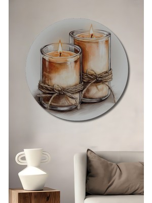 Teona Ahşap Mum Işıltısı Sulu Boya Görünümlü Ahşap Dekoratif Tablo Yuvarlak Tablo