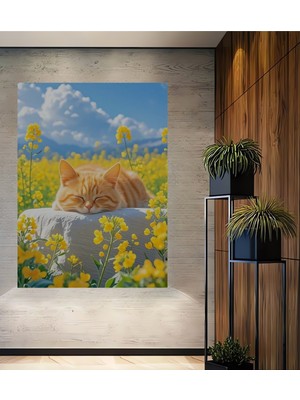 Teona Ahşap Sevimli Kedi ve Bahar Çiçekleri Yağlı Boya Görünümlü Ahşap Dekoratif Tablo Dikdörtgen Tablo