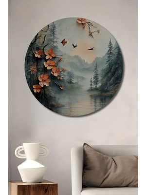 Teona Ahşap Doğal Sakin Manzara Çiçek ve Kuş Detaylı Yağlı Boya Görünümlü Ahşap Dekoratif Tablo Yuvarlak Tablo