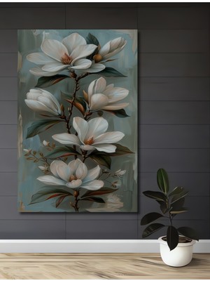Teona Ahşap Beyaz Manolya Yağlı Boya Görünümlü Sanat Ahşap Dekoratif Tablo Dikdörtgen Tablo