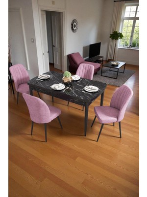 Baresmu Bara Siyah Mermer 80X132 Açılabilir Sunta Masa Yemek Odası Takımı, Mutfak Takımı 4 Adet Sandalye