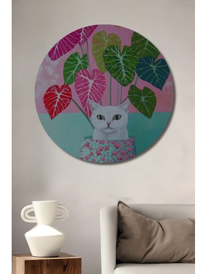 Teona Ahşap Beyaz Kedi Çiçek Vazo Yağlı Boya Görünümlü Dekoratif Ahşap Tablo Yuvarlak Tablo