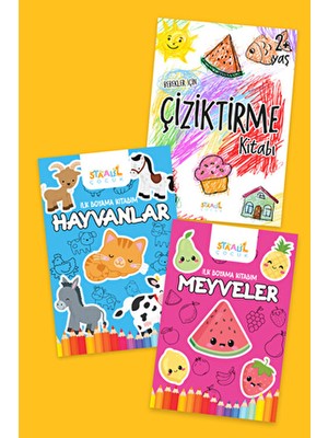 Staau Çocuk Boyamaya Başlangıç Seti - 3 Kitap (Çiziktirme, Hayvanlar, Meyveler) 2 Yaş İçin Eğlenceli