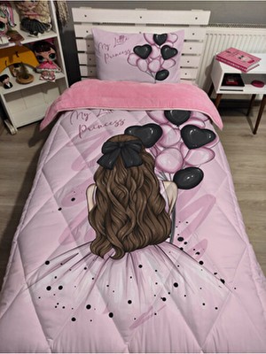 Welsoft Pofuduk Çift Taraflı Tek Kişilik Yorgan Uyku Seti Pembe Balonlu Kız Desenli Pamuk - Polyester