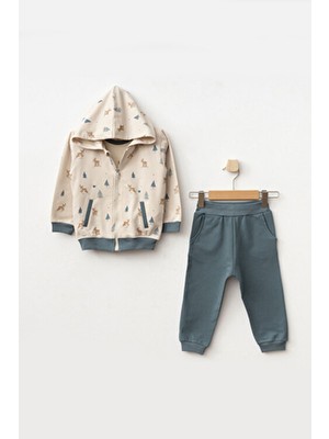 Aziz Bebe Erkek Bebek Animal Desenli Sweatshirt Pantolon T-Shirt 3'lü Alt Üst Bebek Takımı 3 Ay-36 Ay