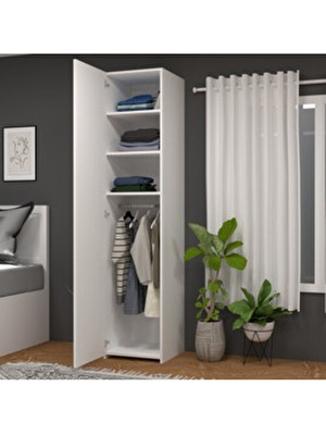 Mobilique Retro-4 Askılı 3 Raflı Tek Kapaklı Gardırop Beyaz