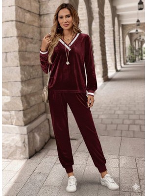 Gökyüzü Moda Kadın Uzun Kollu V Yaka Kadife Bluz ve Pantolon Ikili Takım