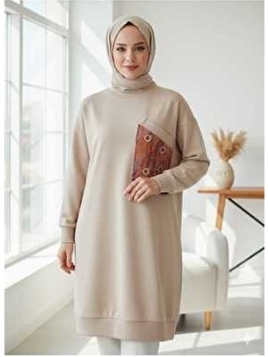 Puane Kadın Bej Renkli Scuba Kumaş Uzun Kol Cep Detaylı Düz Desenli Tesettür Tunik