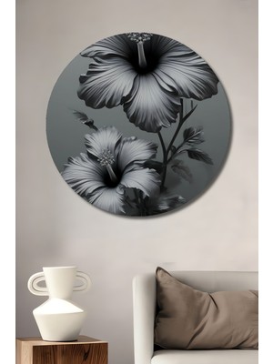 Teona Ahşap Siyah Beyaz Hibiskus Çiçekleri Yağlı Boya Görünümlü Ahşap Dekoratif Tablo Yuvarlak Tablo