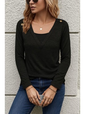 Arben Boutique Kadın Uzun Kollu V Yaka Düğme Detaylı Yumoş Bluz