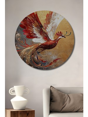 Teona Ahşap Kızıl Anka Kuşu Yağlı Boya Görünümlü Ahşap Dekoratif Tablo Yuvarlak Tablo