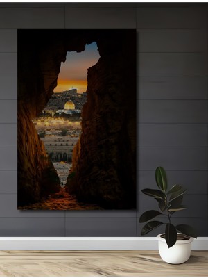 Teona Ahşap Kutsal Şehir Manzaralı Işıltılı Altın Kubbe Sulu Boya Görünümlü Ahşap Tablo Dikdörtgen Tablo