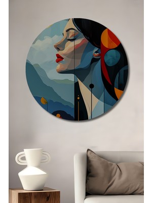 Teona Ahşap Büyüleyici Kadın Portresi Yağlı Boya Görünümlü Soyut Sanat Ahşap Dekoratif Tablo Yuvarlak Tablo