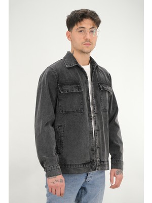 Souris Erkek Siyah Yıkamalı Kot Ceket Rahat Kalıp Gömlek Yaka Kapaklı Çift Cep