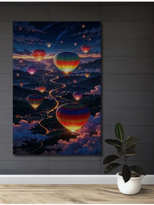 Teona Ahşap Gökyüzünde Uçan Renkli Balonlar Ahşap Tablo Yağlı Boya Görünümlü Sanat Eseri Dikdörtgen Tablo