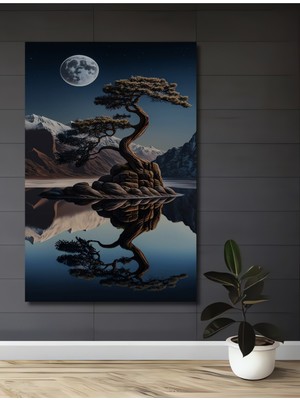 Teona Ahşap Ay Işığı Altında Doğa Manzarası Yağlı Boya Görünümlü Dekoratif Ahşap Tablo Dikdörtgen Tablo