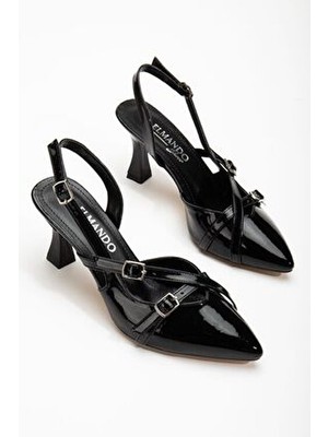 Elmando Çift Bantlı Toka Detaylı Syiah Rugan Kadın Topuklu Ayakkabı