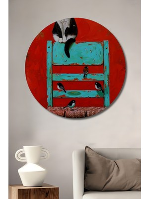 Teona Ahşap Kaplan Kedi Kuşlar Yağlı Boya Görünümlü Ahşap Dekoratif Tablo Yuvarlak Tablo