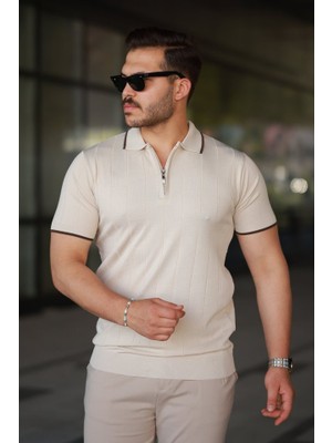 Etiler Collection Erkek Fermuar Yakalı Çizgi Dokulu Kısa Kollu Tişört