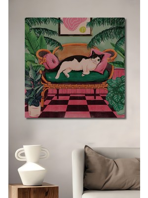 Teona Ahşap Modern Sanat Kedi Ahşap Dekoratif Tablo Sulu Boya Görünümlü Dikdörtgen Tablo
