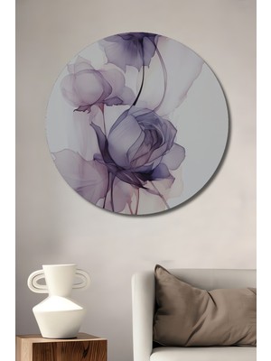 Teona Ahşap Mor Güllü Sulu Boya Görünümlü Soyut Sanat Ahşap Dekoratif Tablo Yuvarlak Tablo
