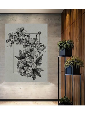 Teona Ahşap Orkide ve Şakayık Buketi Çizim Sanatı Ahşap Dekoratif Tablo Dikdörtgen Tablo