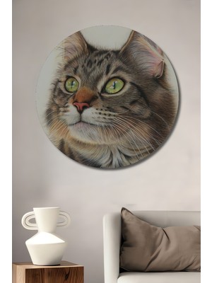Teona Ahşap Büyüleyici Yeşil Gözlü Kedi Pastel Boya Görünümlü Dekoratif Ahşap Tablo Yuvarlak Tablo