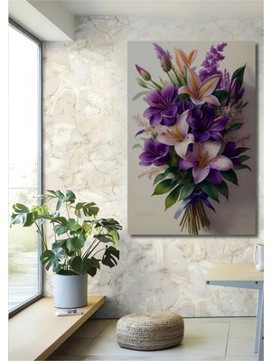 Teona Ahşap Zarif Mor Sümbül ve Lilyum Buketi Yağlı Boya Görünümlü Dekoratif Ahşap Tablo Dikdörtgen Tablo