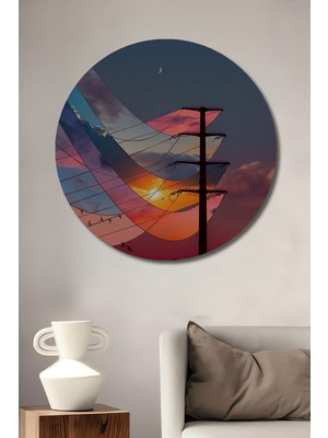 Teona Ahşap Güneşin Dansı Elektrik Direği Sulu Boya Görünümlü Ahşap Dekoratif Tablo Yuvarlak Tablo