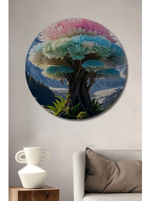 Teona Ahşap Devasa Renkli Çiçek Ağacı Yağlı Boya Görünümlü Dekoratif Ahşap Tablo Yuvarlak Tablo