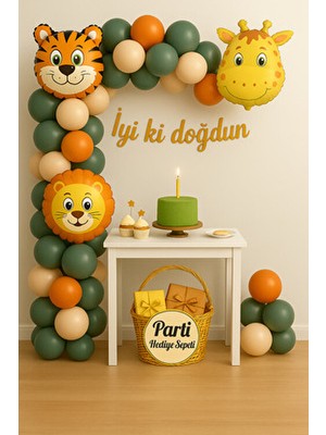 Parti Hediye Sepeti Safari Temalı Doğum Günü Balon Seti | Aslan Kaplan Zürafa Folyo Balon ve Balon Zinciri Dahil