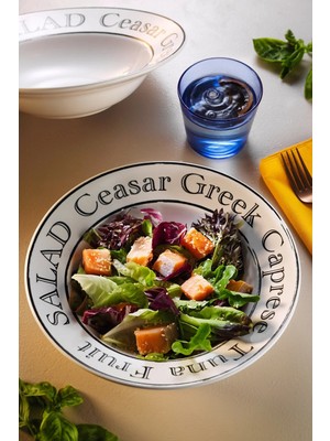 Grandora Şık Makarna ve Salata Tabağı 26 cm - Caesar, Greek, Caprese Tasarımlı Büyük Çukur Tabak