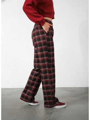 Domoda Ekoseli Flanel Yüksek Bel Pijama Altı Rahat Kesim Geniş Paça Pamuklu Kadın Pantolon