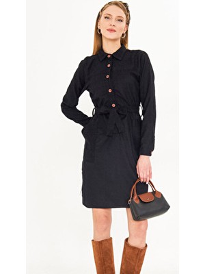 Armonika Kadın Siyah Önden Düğmeli Cepli Kuşaklı Kadife Elbise ARM-25K001085
