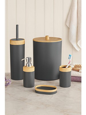 Evonita Limpia Bambu Desenli 5'li Banyo Seti Çöp Kovası, Sıvı Sabunluk, Diş Fırçalık