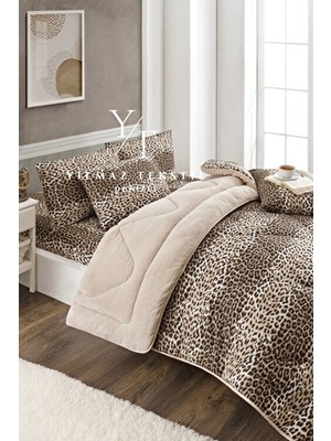 ChicMaison Çift Kişilik Pofuduk Uyku Seti | Lastikli Çarşaflı | Çeyiz Seti | Çeyiz Takımı | Leopar