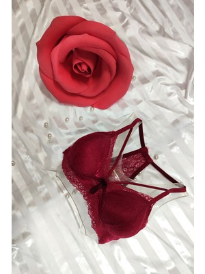 Aysemin Bordo Siyah Dantel Detaylı Light Pad Yumuşak Pedli Yandan Ipli Sütyen